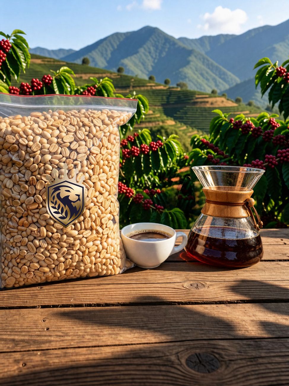 Invos Coffee green coffee in a bag with a cup and pour-over coffee on a farm